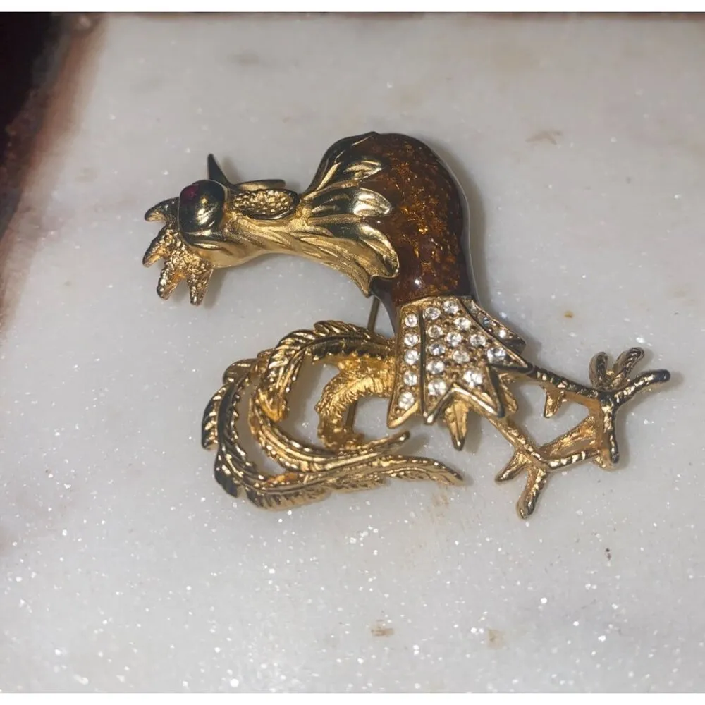 Edwin Pearl Vintage Gold Tone Rooster Brooch Pin With Rhinestones Enamel Detaili Size 2 - Image 10