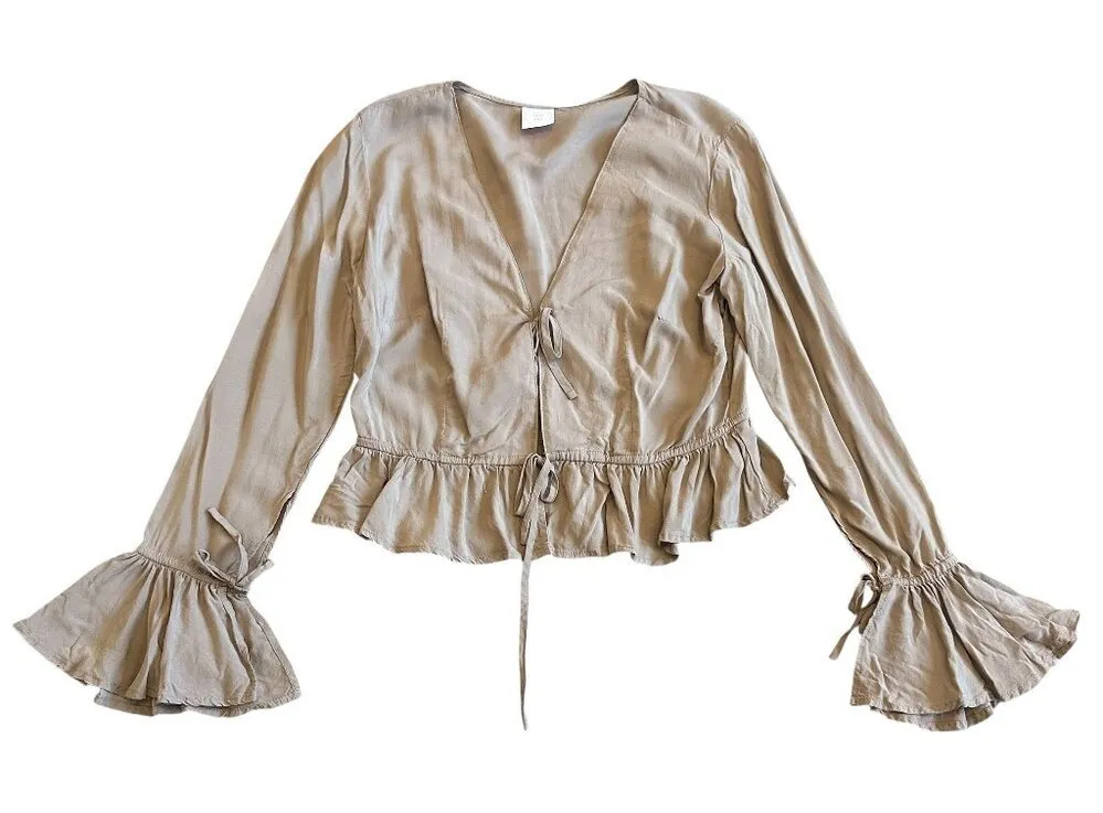 Lisa Says Gah Tie-Front Cardigan Sweater Ruffle Sleeves Lightweight Size Large - Image 1