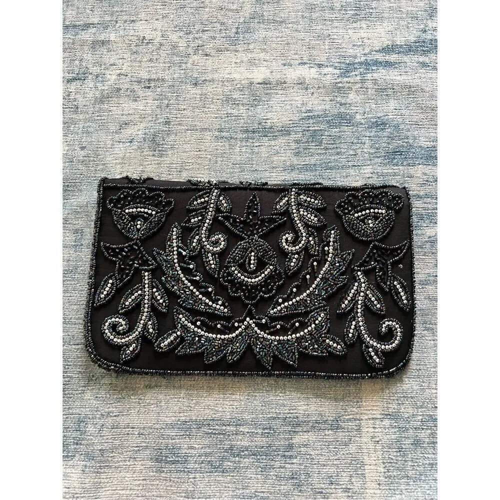 Black Silver Iridescent Floral Beaded Fold Over Magnetic Closure Clutch Bag Black - Image 2
