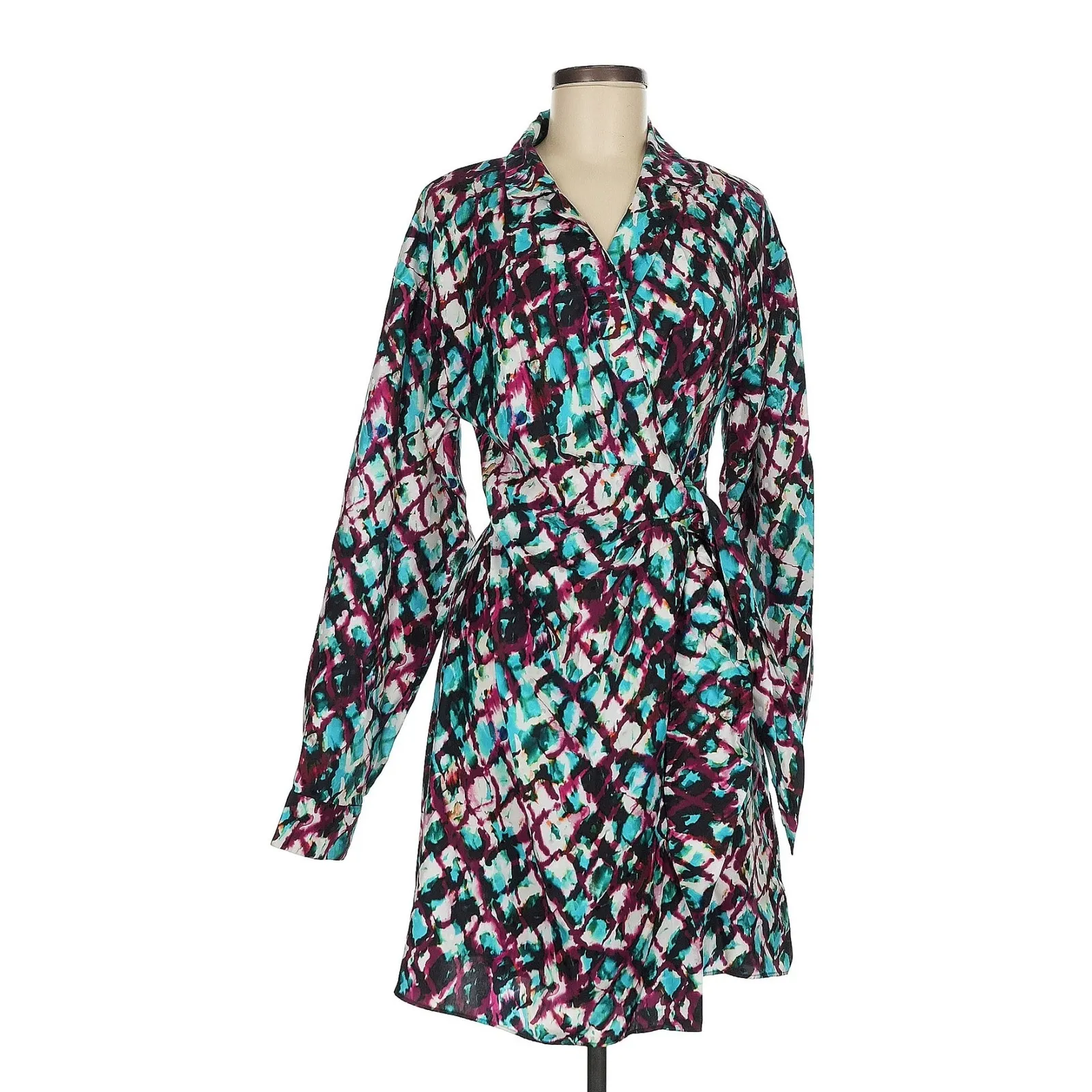Saloni Wrap Dress Abstract Print Long Sleeve Casual Party‎ Dress US 6 Purple - Image 2