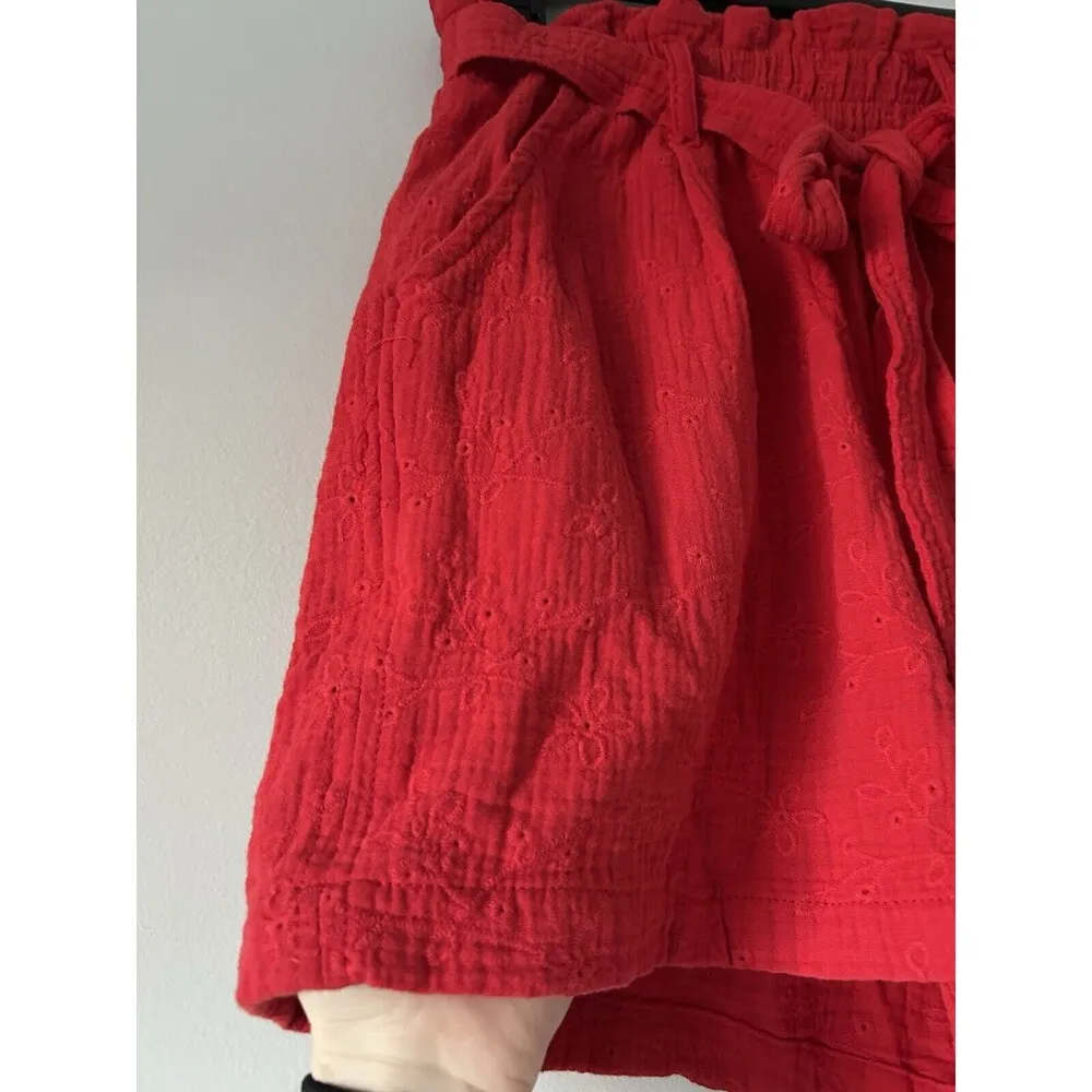 Knox Rose Red Boho Floral Eyelet Embroidered Paper Bag Belted Shorts Size Large - Image 3