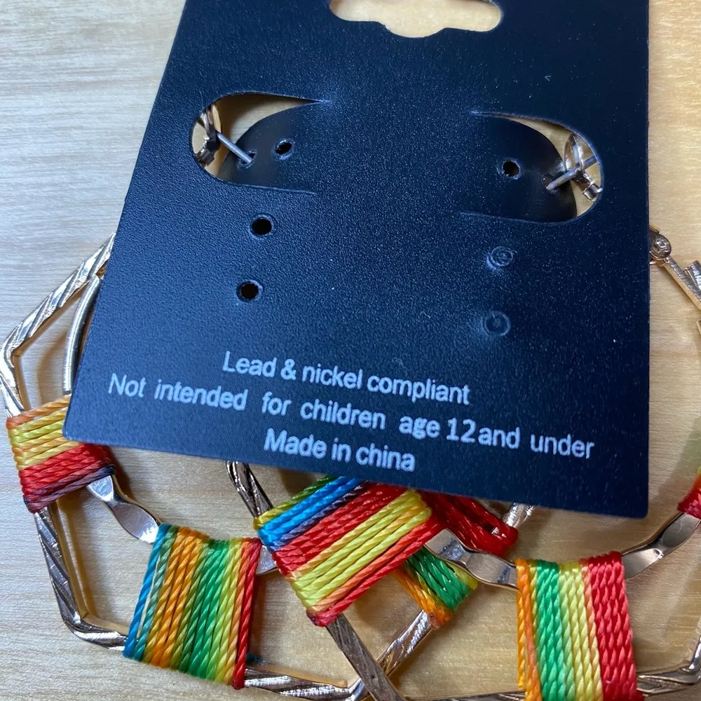 LA3 Accessories Rainbow Thread Woven & Hammered Gold Tone Earrings - Image 3