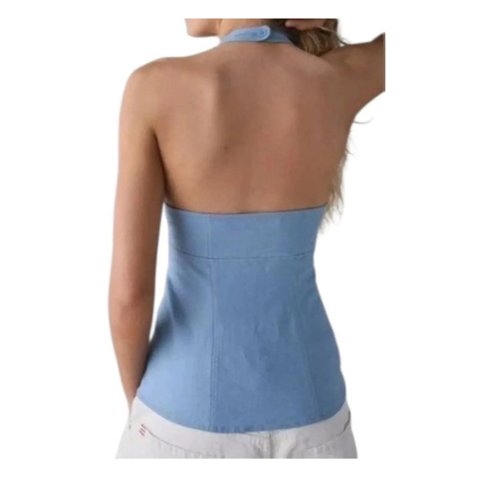 URBAN OUTFITTERS Blue Sari Halter Top Linen Blend Seamed Hooks Fitted Size M NWT - Image 3