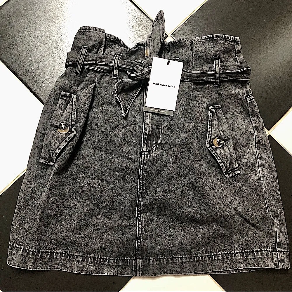 NWT  Mini Jean Skirt Grey Paperbag Waist Pleated Belted w Tie sz 8 - Image 2