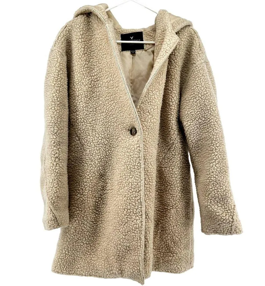 American Eagle Wool Teddy Jacket Coat Hood Mid Pockets Sherpa Vented Cream M Size M - Image 2