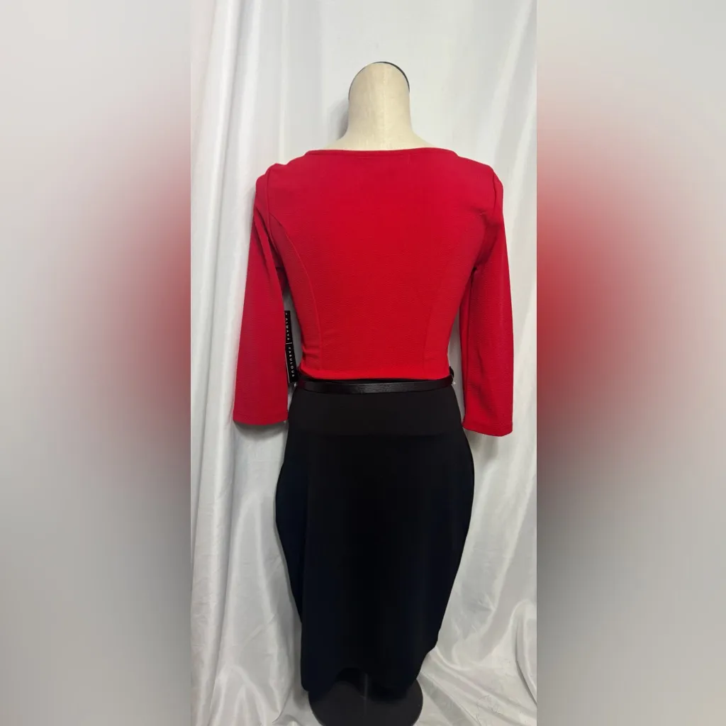 Elegant Red and Black Dress with Belt 3/4 sleeve bodycon Size Small NWT - Image 4