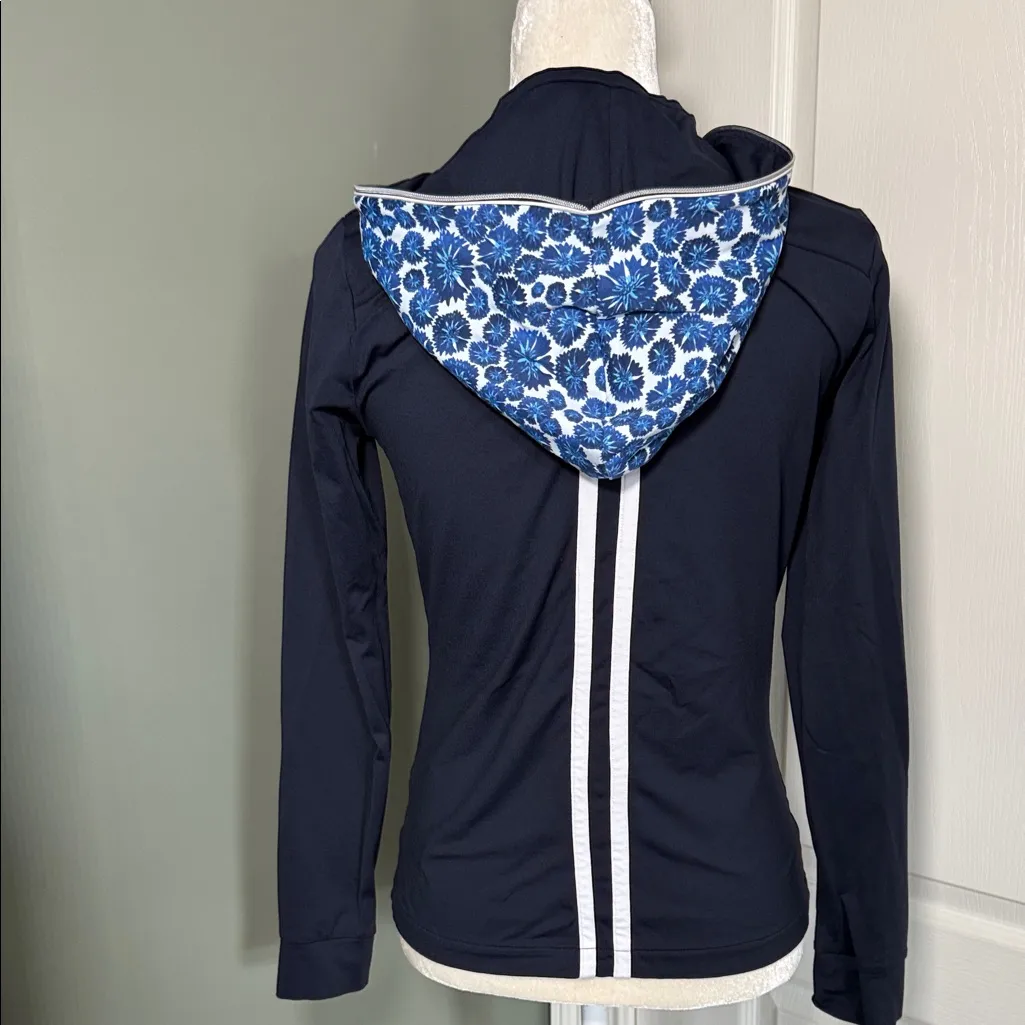 Chervo Navy Sunblock Full Zip Hoodie Jacket Floral Hood Trim Size S Blue - Image 3