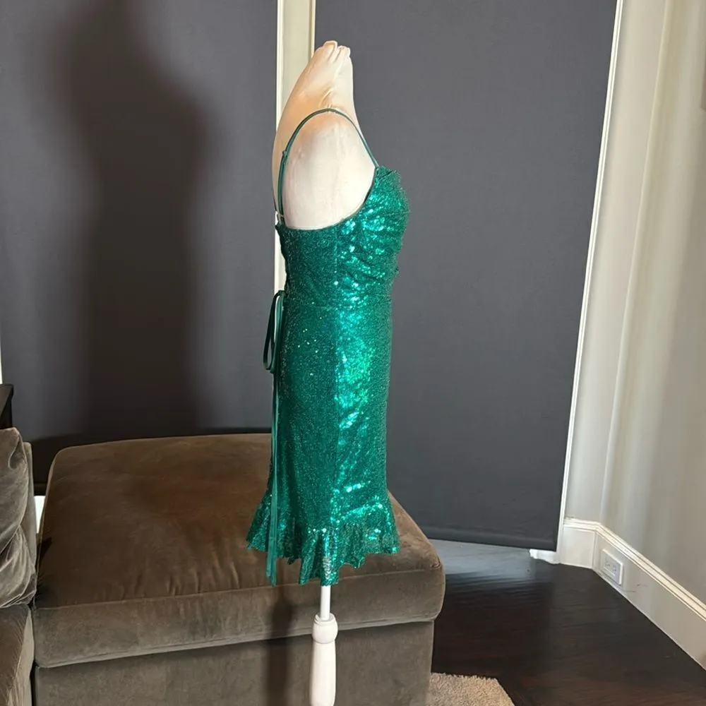 Women’s Green Fully Sequined Short Party Dress Ruffle Hem Corset Back Size 8 NEW - Image 4