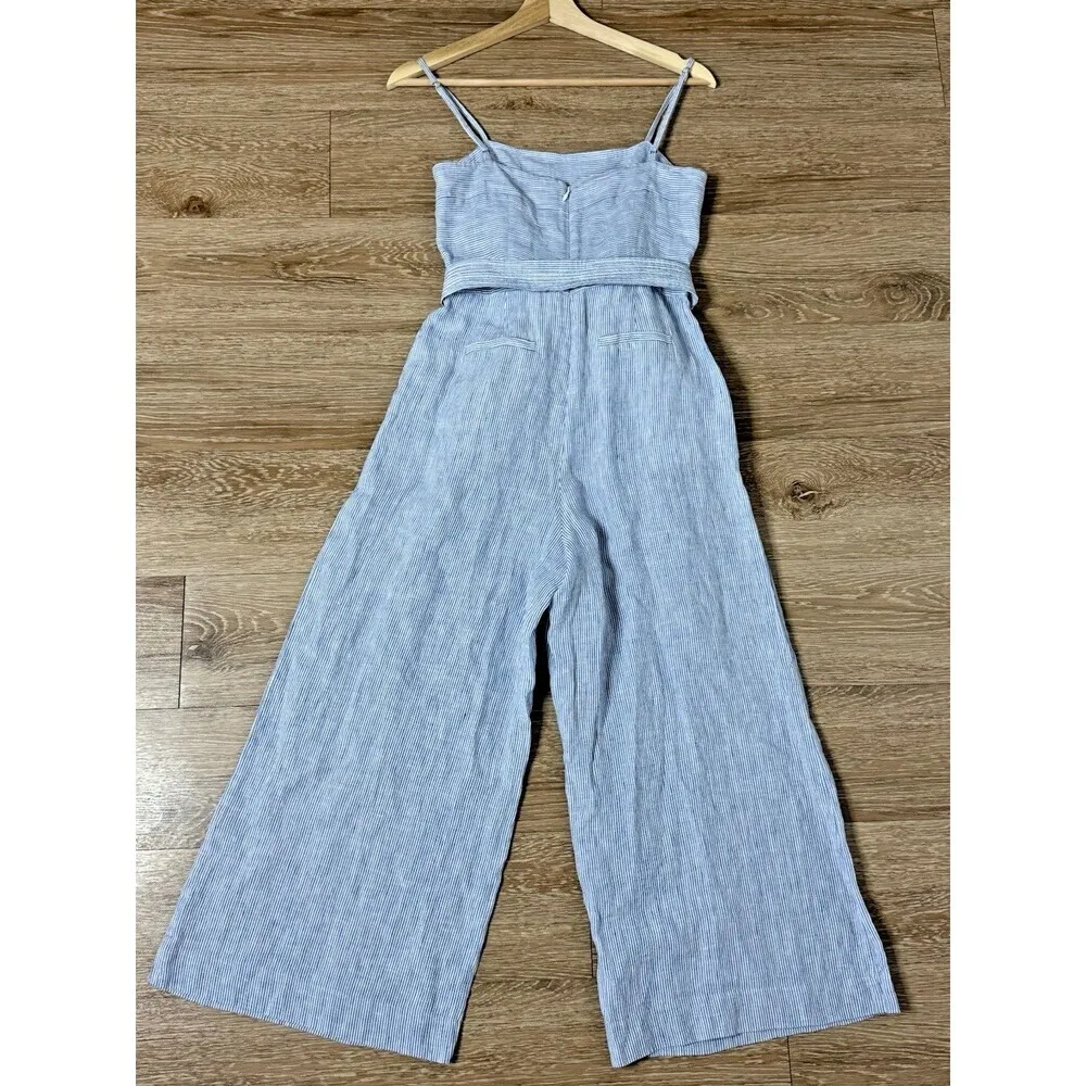 J. Crew 100% LINEN Women’s Blue White Striped Wide Leg Jumpsuit Preppy Size 0 - Image 10