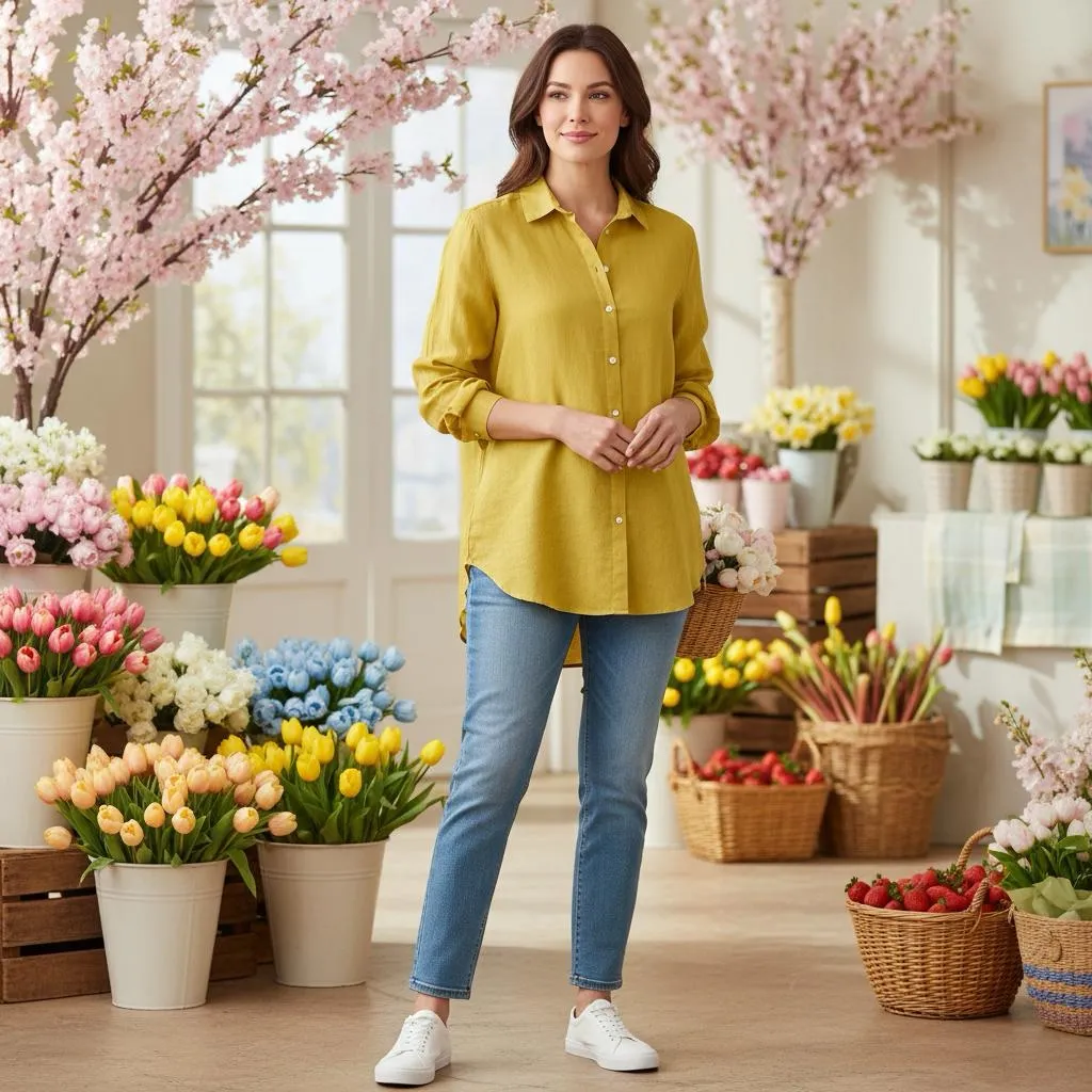 LOFT Cotton Blend Voile Buttondown Shirt Blouse Top Yellow Collared Sz Large - Image 5