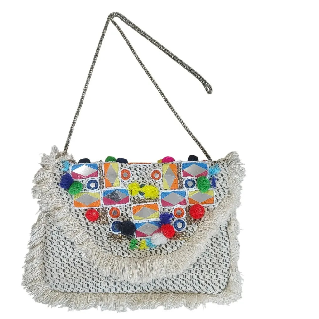 Circus By Sam Edelman Boho Fringe Crossbody Bag With Colorful Pom-Poms & Mirror - Image 2