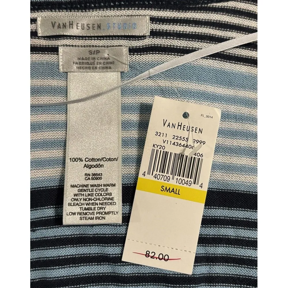 Van Heusen Studio Open Cardigan Sweater Blue/White Stripe Long Sleeve Size Small - Image 5