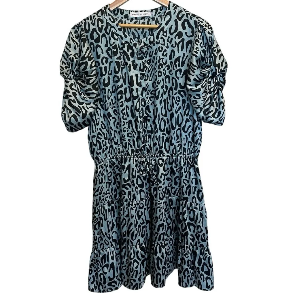 Rebecca Minkoff Aston Puff-Sleeve Tiered Blouson Mini Dress Blue Leopard Large - Image 3
