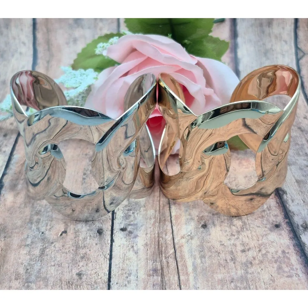 Set of 2 Statement Metal Cuff Bracelets 1 Silver Tone & 1 Gold Tone Link Look - Image 2