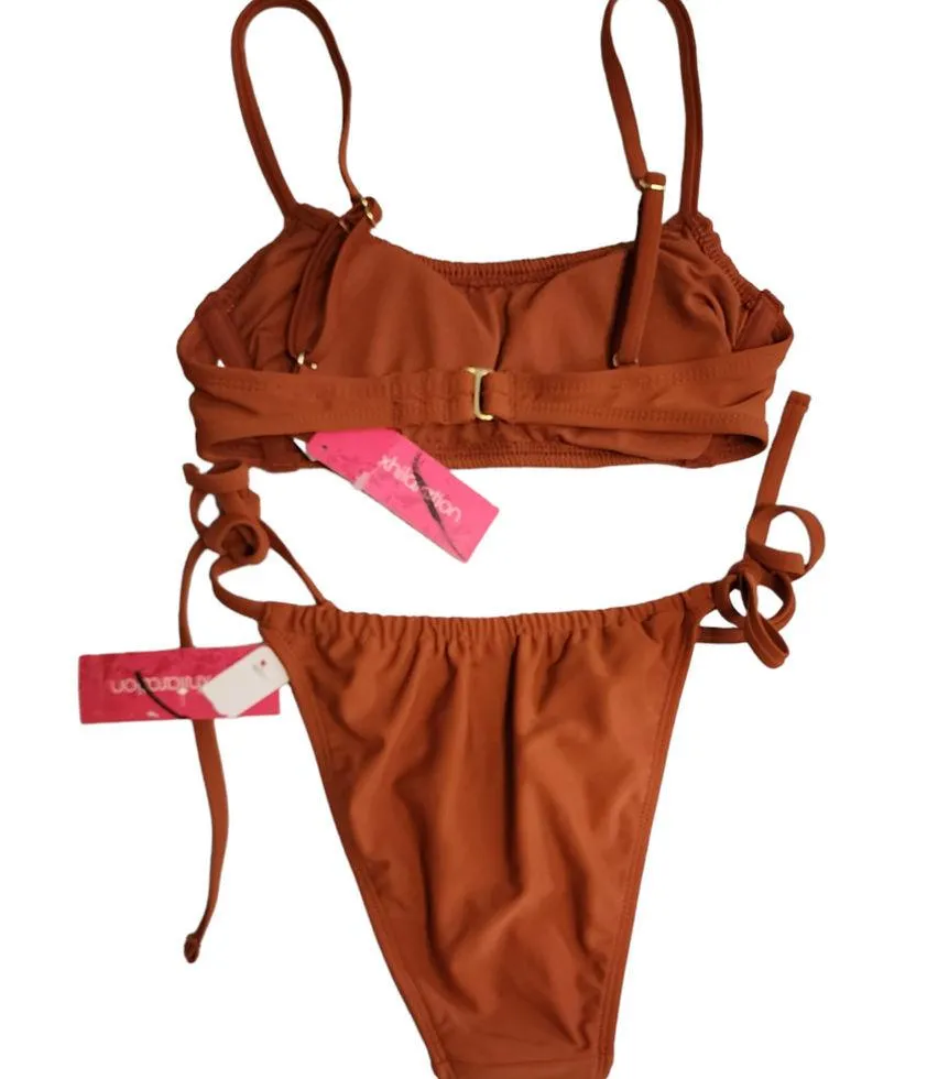 Xhilaration Jrs Smocked Top + High Leg Side Tie String Bikini Bottoms Rust XS - Image 3