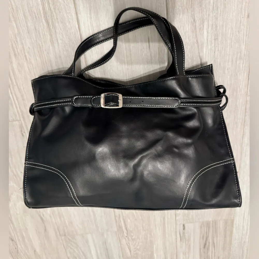 Black Top Handle Bag with White Stitching - Image 3