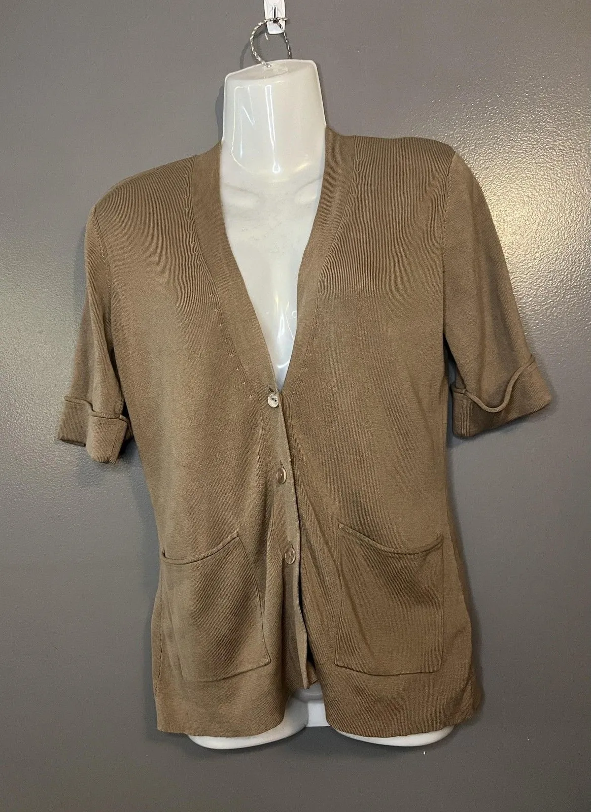 Coldwater Creek Cardigan Womens XS Brown Silk Blend Short Sleeve Button Front - Image 1