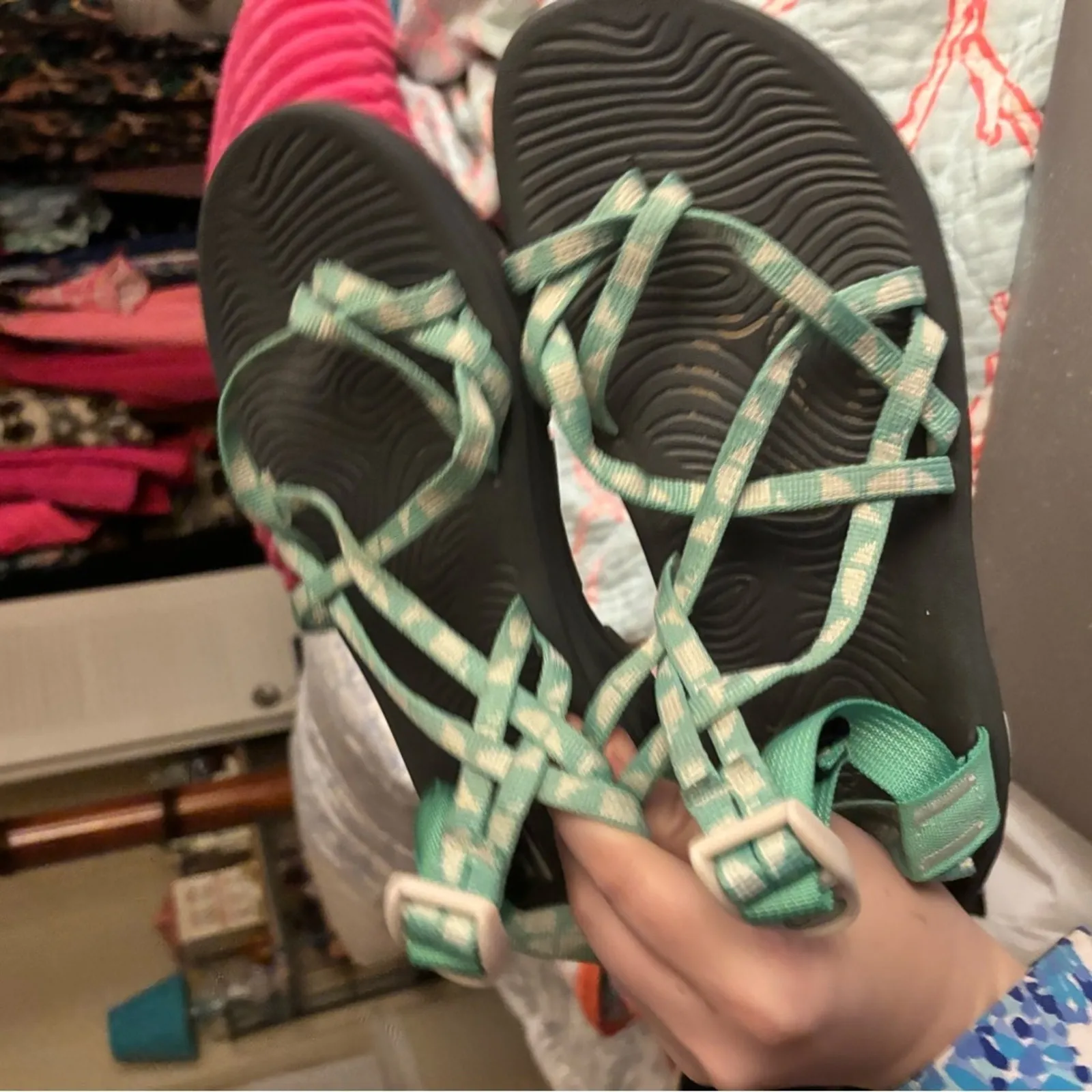 Chaco Sandals Womens Size 10 Active Strappy Green Geo Print Buckle Logo - Image 3