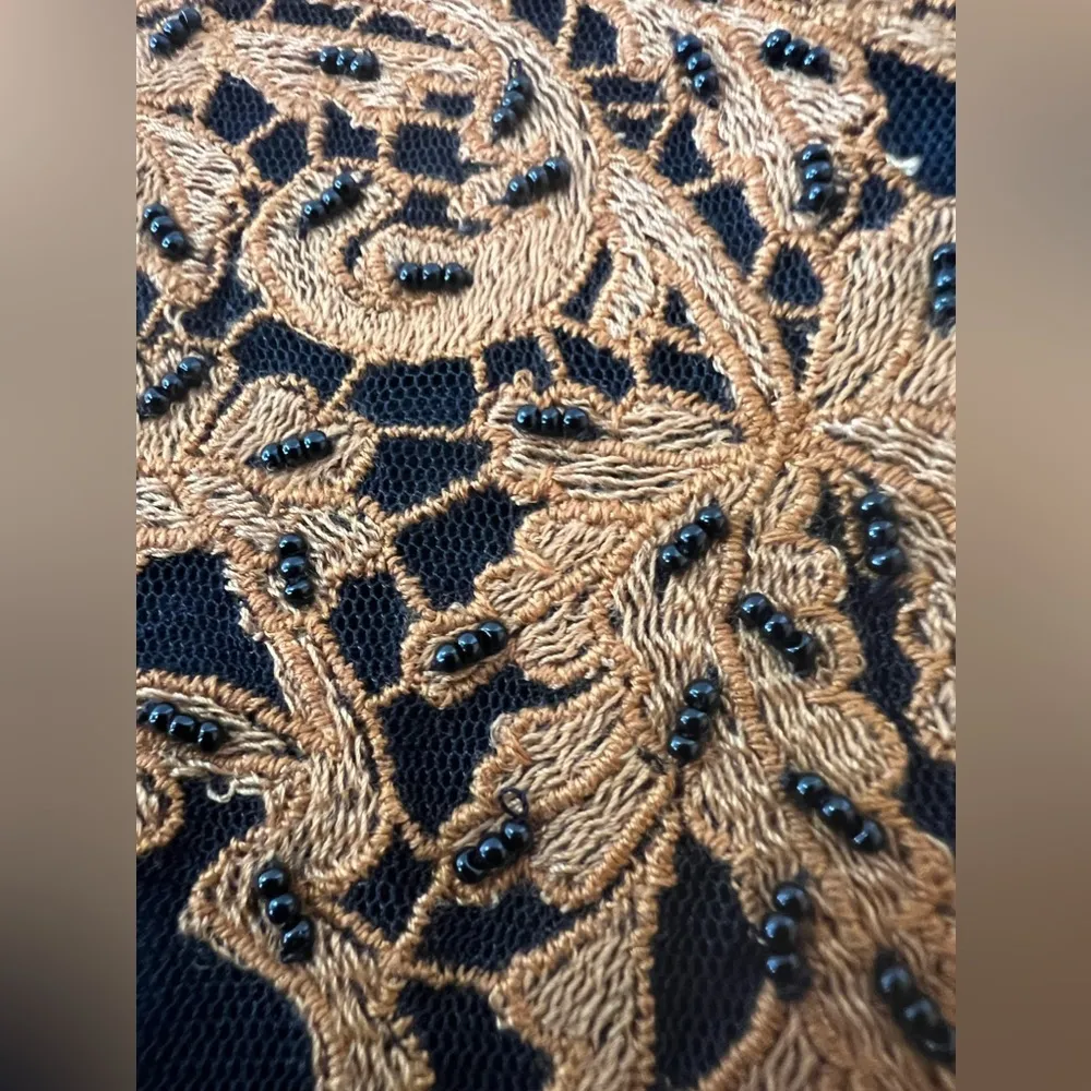 Sundance Floral Top Black Gold Orange Flora Beaded Blouse Sheer Statement Sleeve - Image 8