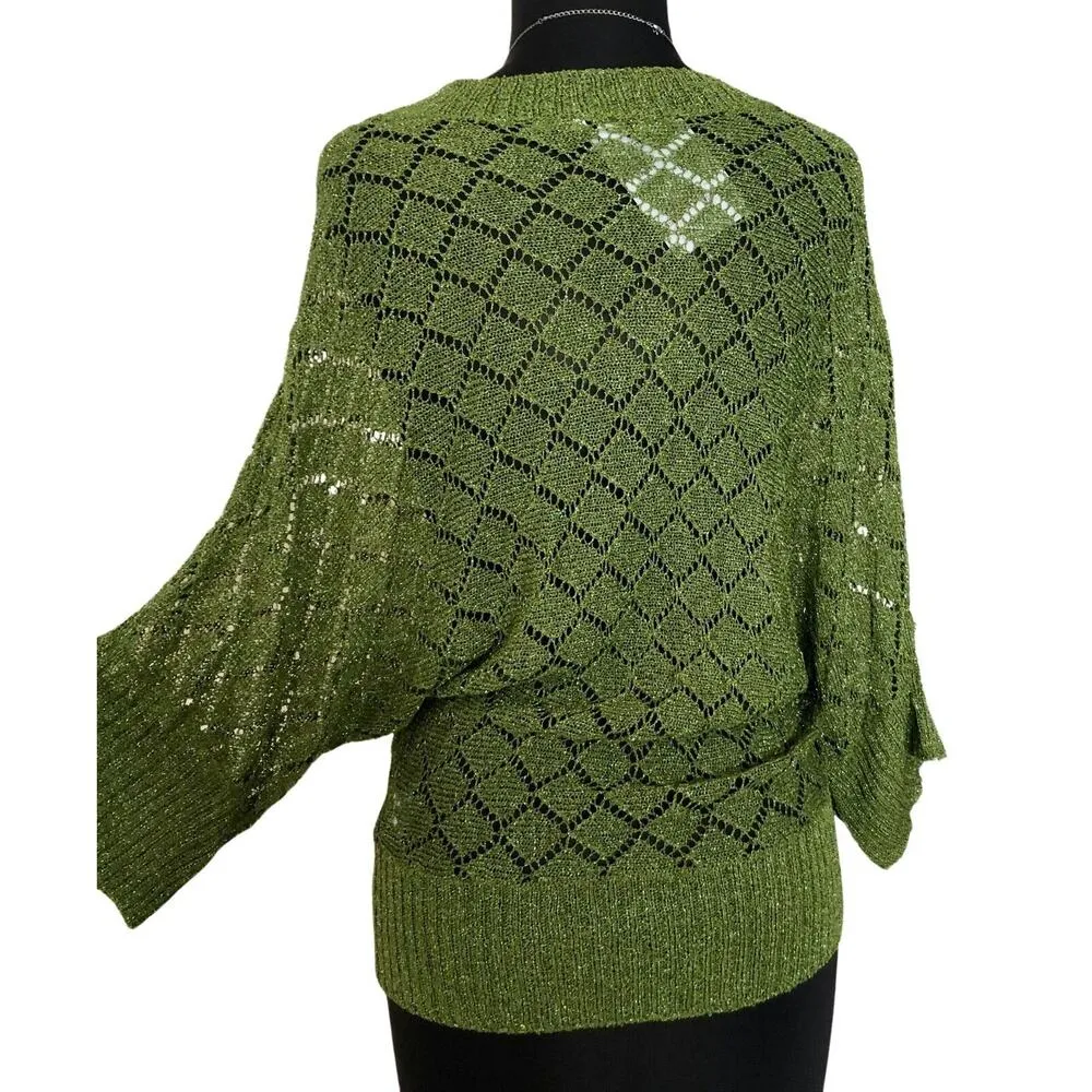 Cache Metallic PEEK-A-Boo crochet KNIT V Neck Top Banded Bottom Stretch NWT $118 - Image 5