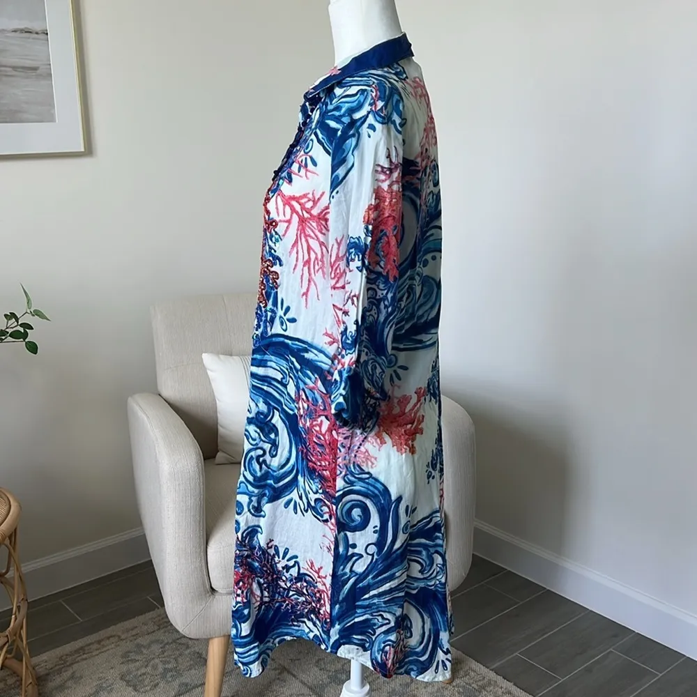 Antica Sartoria Beach Shirt Dress Button Front Cover Up Resort Wear Sequin Small White - Image 4