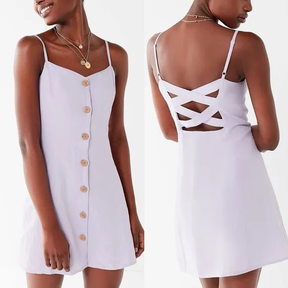 Urban Outfitters Button-Down Strappy Back Linen Dress Purple Sz Small - Image 2