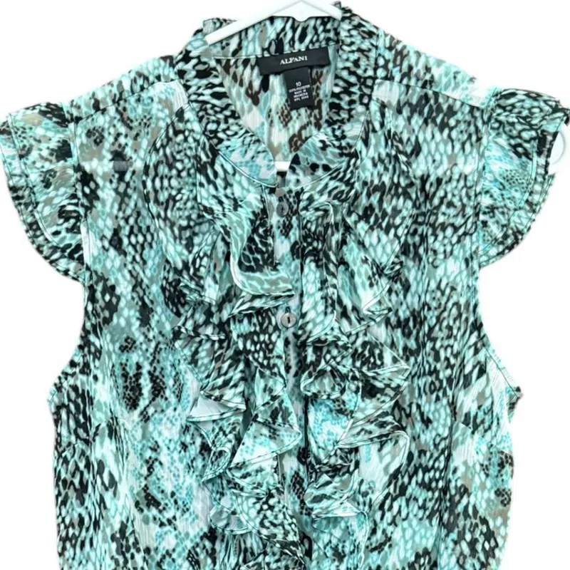 Alfani Sleeveless Ruffle Blouse, Button Up Top Snakeskin Animal Print Womens 10 - Image 3
