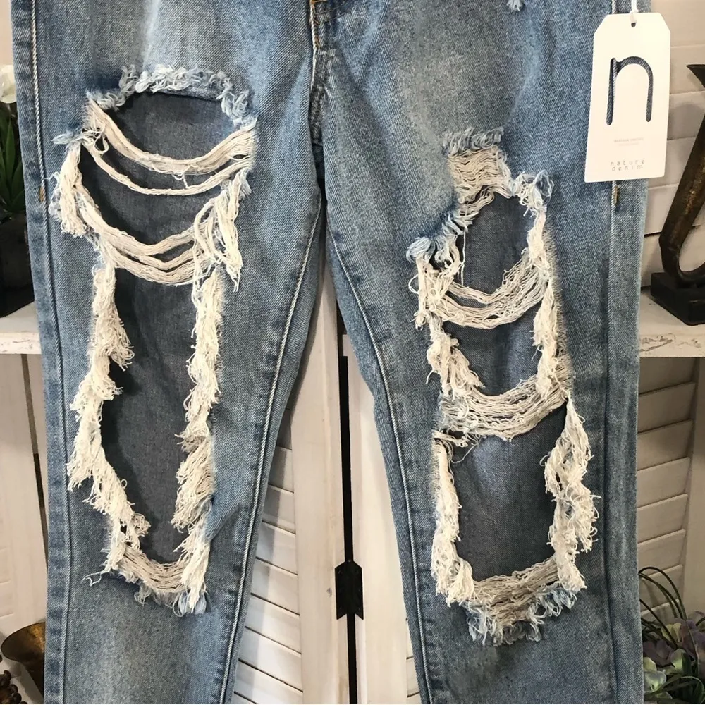 Nature Denim Blue Distressed High Rise Mom Jeans 24 - Image 5