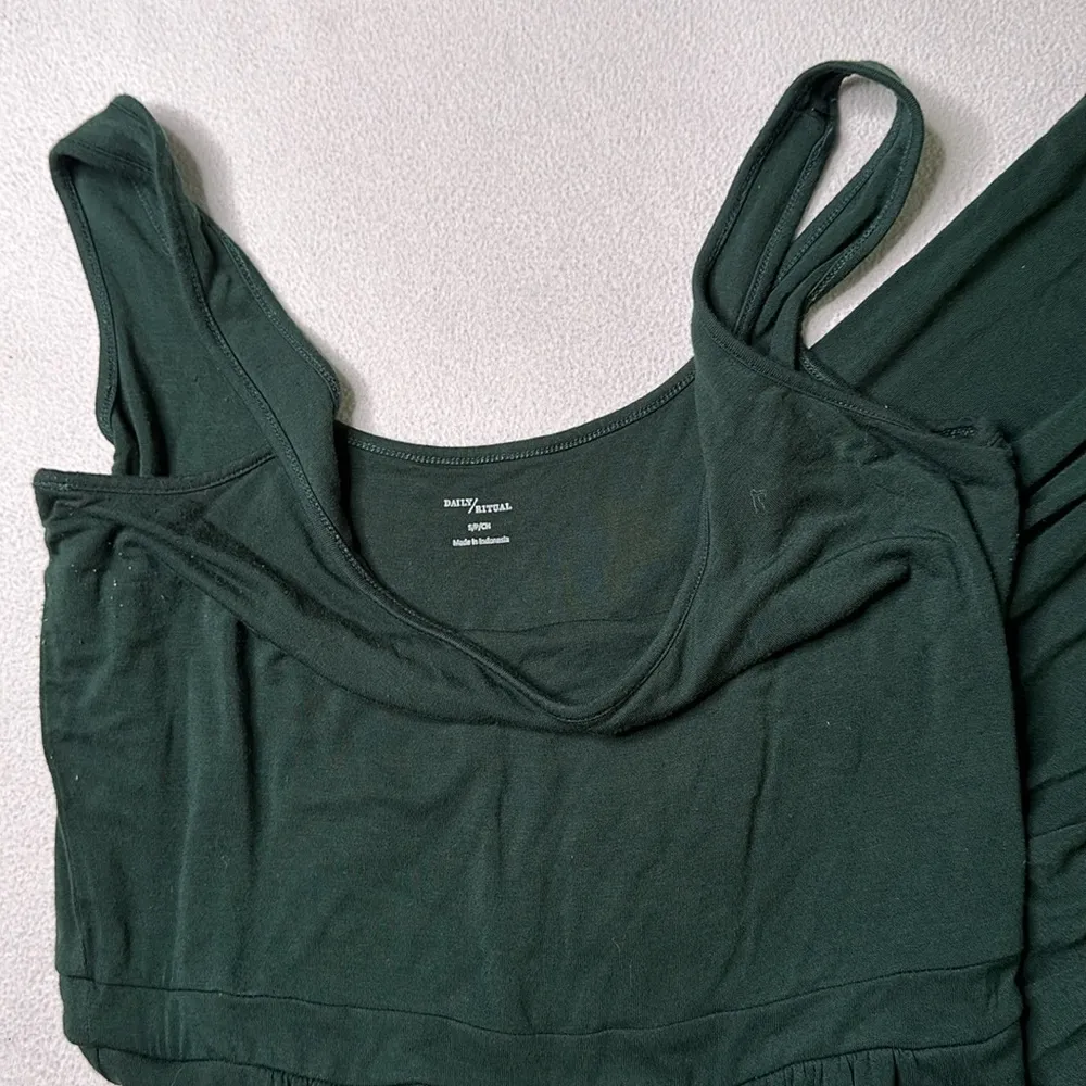 Anthropologie Daily Ritual Forest Green Jersey Sleeveless Gathered Midi Dress - Image 4