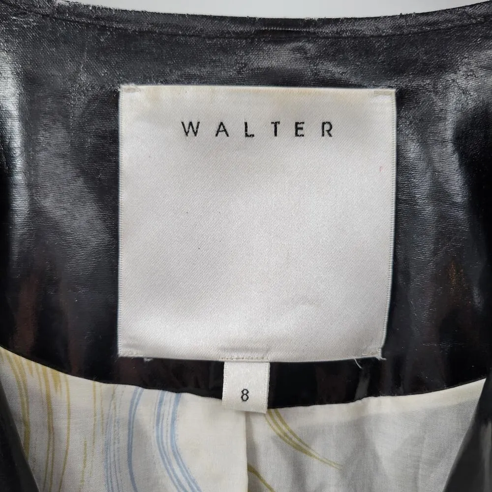 Walter Baker Shirt Womens 8 Black Faux Leather Buttons Asymmetrical Cropped - Image 2