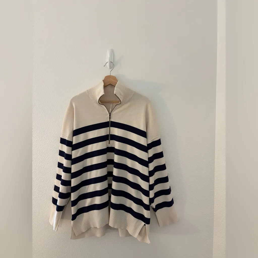 Free People Coastal Stripe Pullover in a cream and navy - Image 2