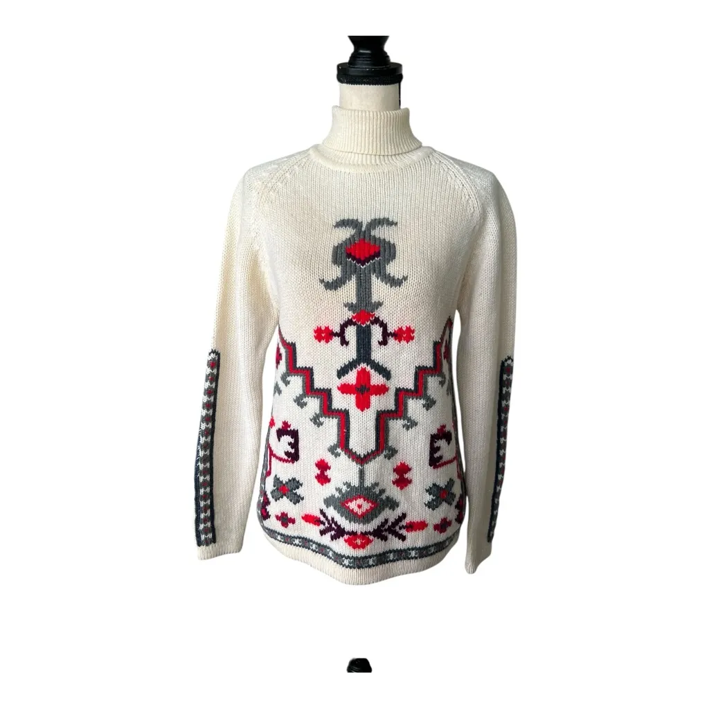 Vintage 50s The Halle Bros. Co 100% Pure Wool Fair Isle Cream Turtleneck Sweater Red Size M - Image 4