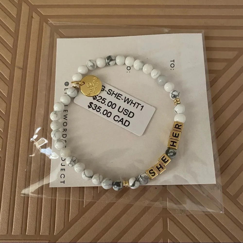Little Words Project Bracelet She Her Stretch Beaded Gold Marble Neutral Casual White - Image 2