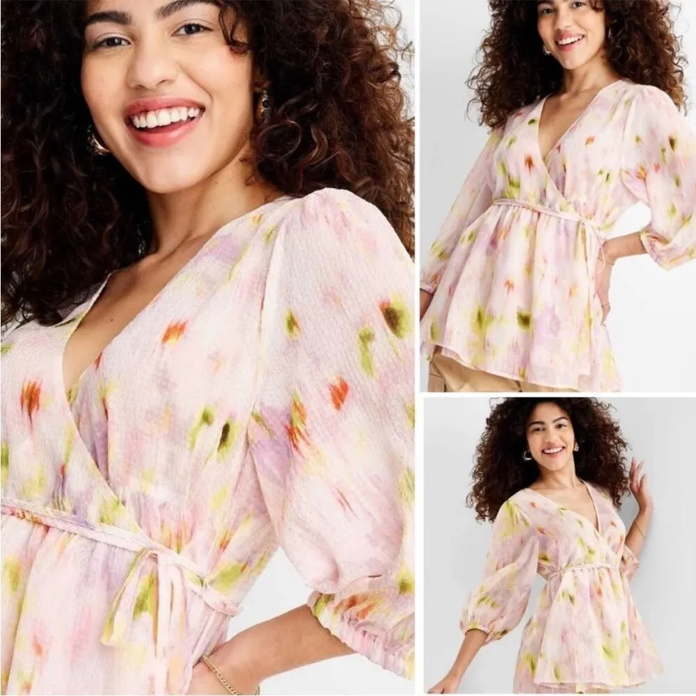 NWT Future Collective Modern Funky Feminine Sheer Airy Balloon Sleeve Wrap Top M Pink Size M - Image 2