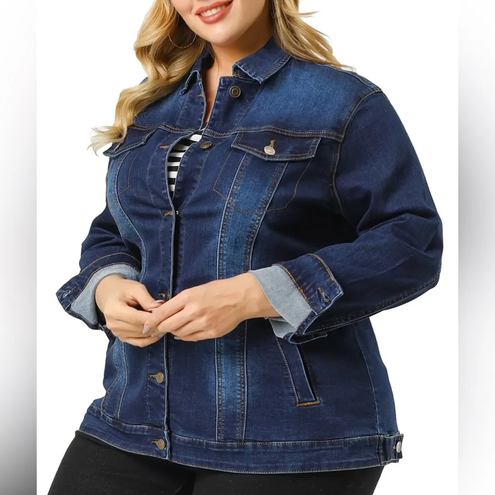 Women's Plus Size Long Sleeve Button Front Washed Denim Jacket Blue - Image 3