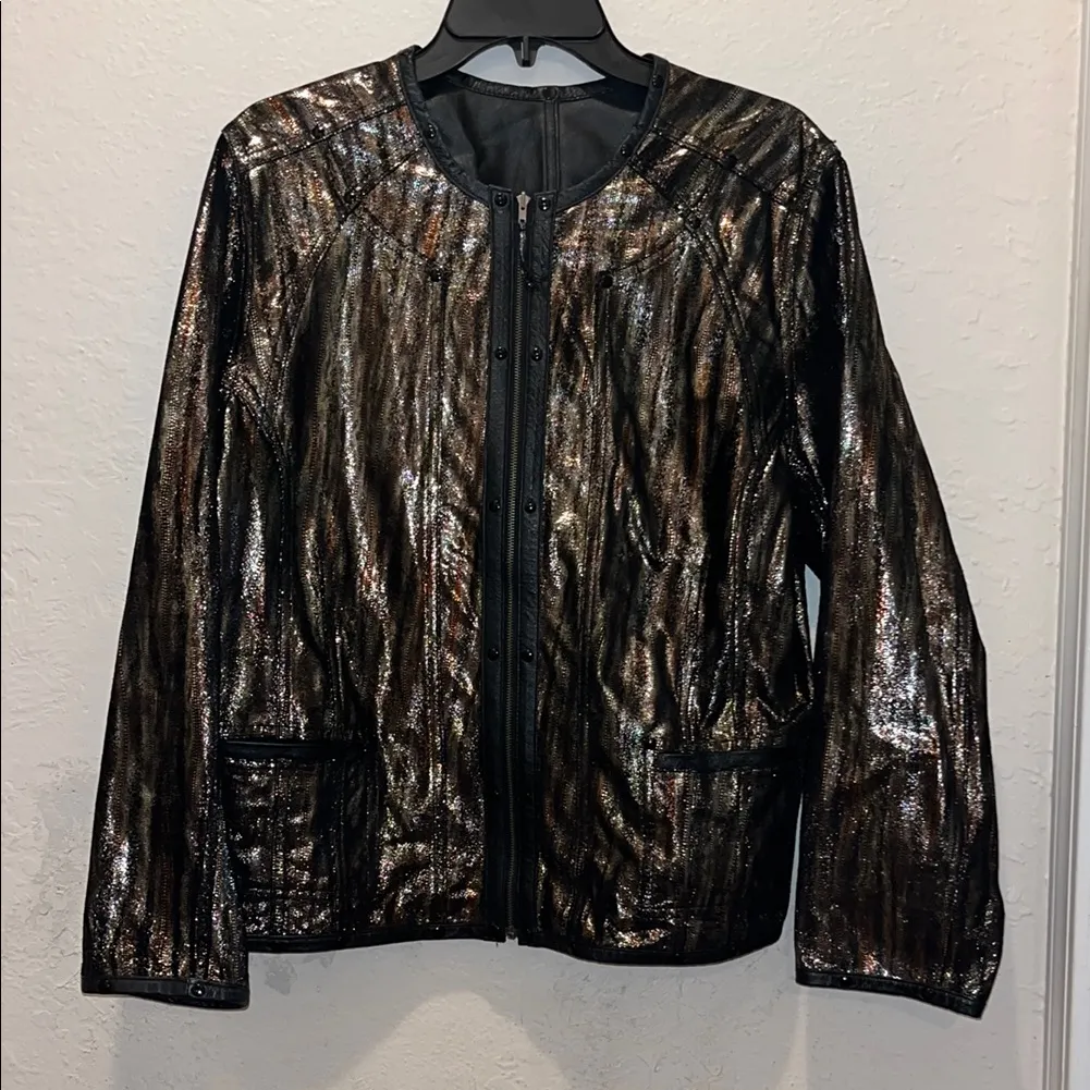 Vintage Leather Reversible Leather Metallic Gold Black and Brown Women's Jacket Size L - Image 3