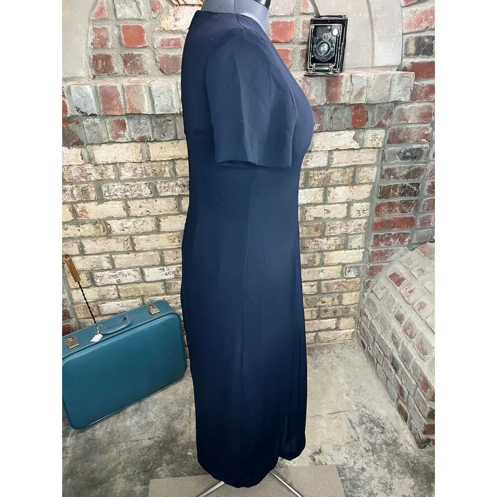 Dress 1980s Navy pleated bodice swing skirt shoulder pads Blue Size 6 - Image 6