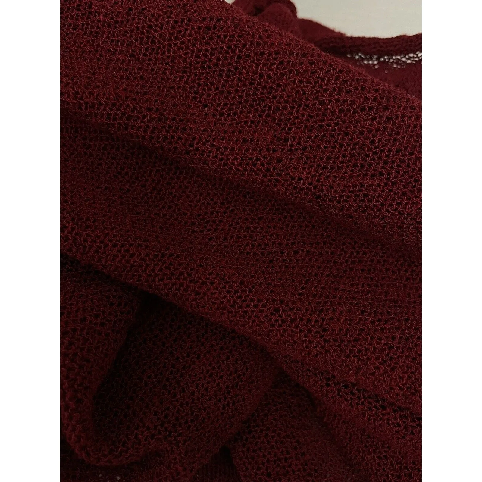 Eileen Fisher Loose Knit Open Ruffle Front Cardigan Wine Red Linen Blend Medium - Image 11