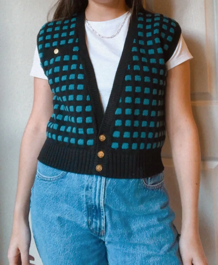 VINTAGE SWEATER VEST CHECKERED BUTTON Blue Size L - Image 3