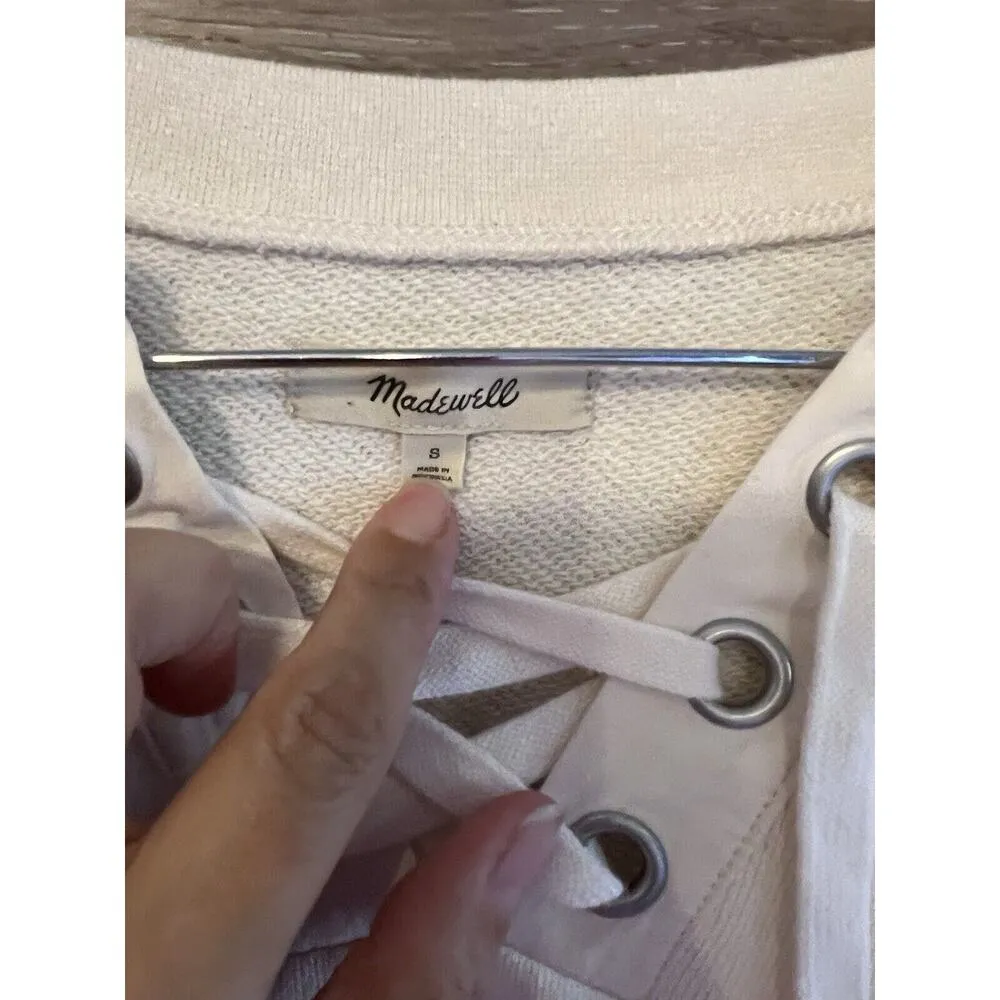 Madewell Women Ivory Cotton Hemp Lace-Up Sweatshirt Sz S Oversized Minimalist - Image 5