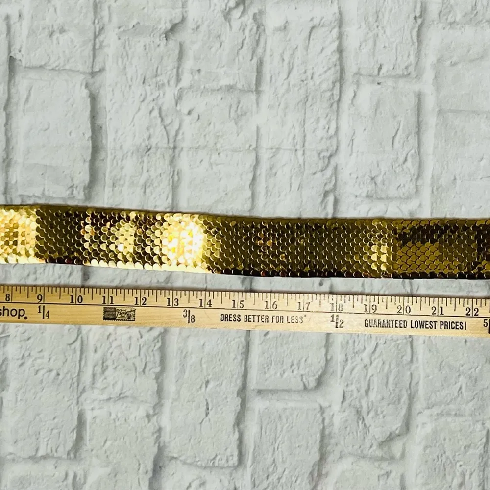 Vintage 80s Womens Stretch Belt Gold Metallic Fish Scale Disco - Image 6