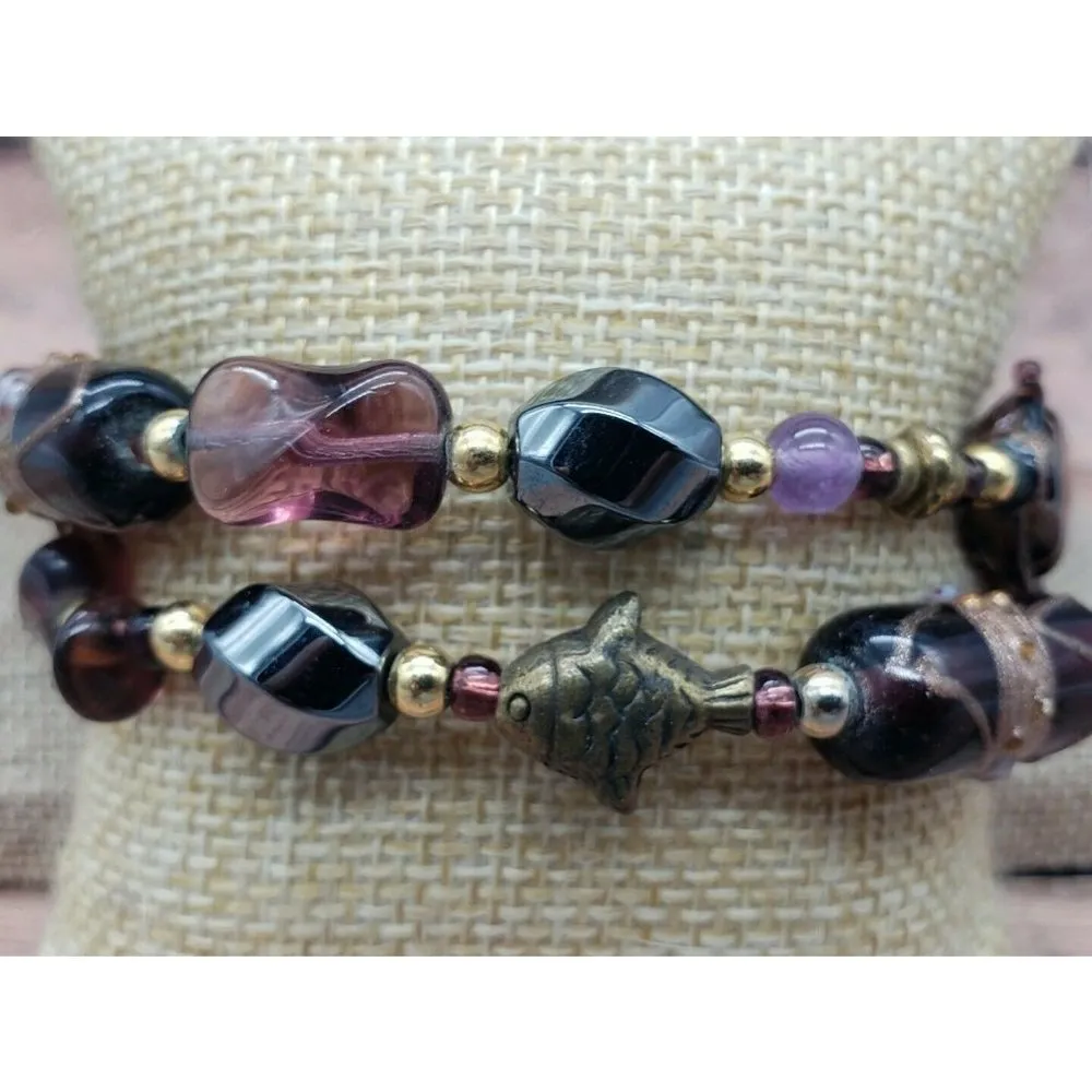 Double Strand Beaded Bracelet Fish Heart Seashell Charms 8" Toggle Clasp Brown - Image 4