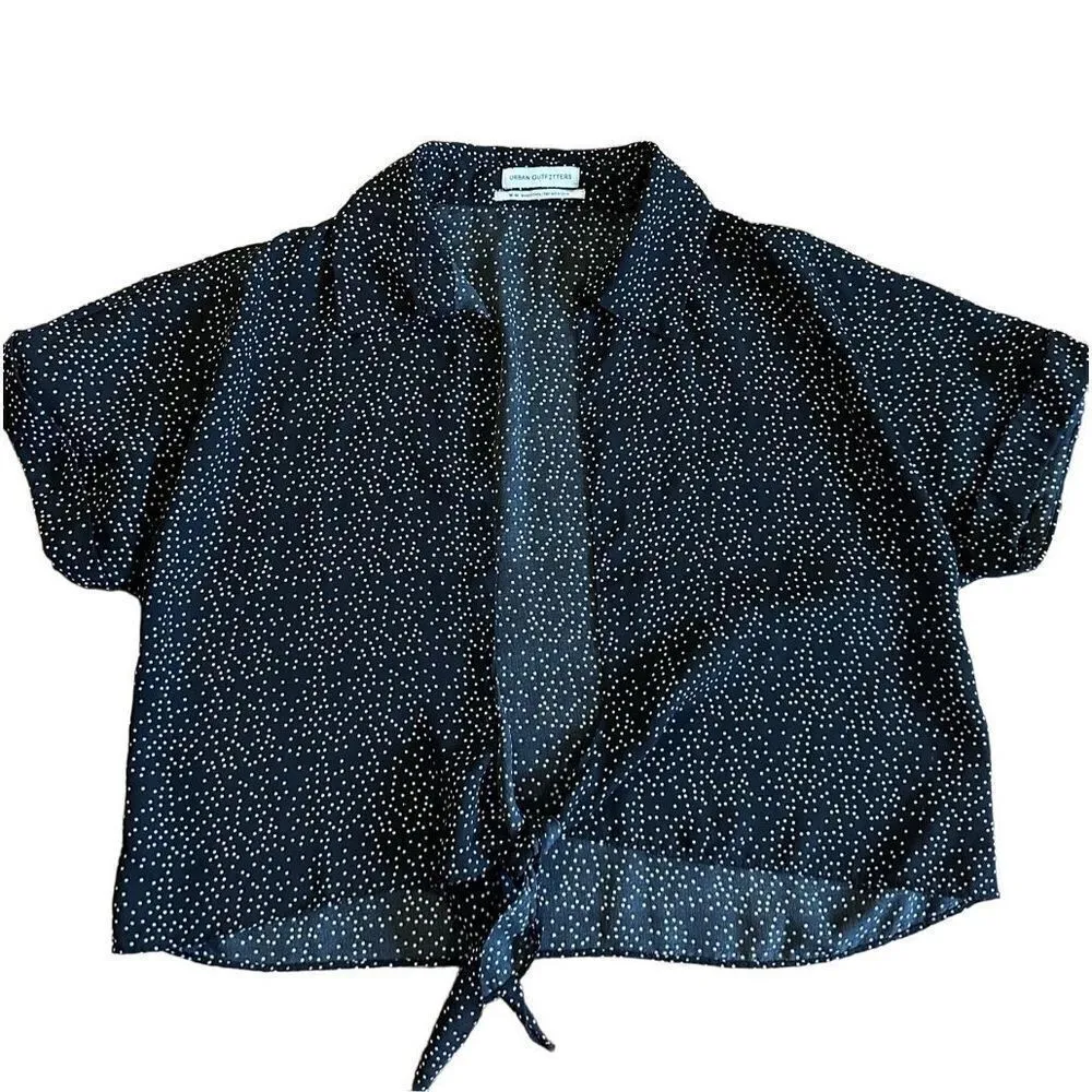 Urban Outfitters Tie-Front Short Sleeve Cropped Top black white Med - Image 3