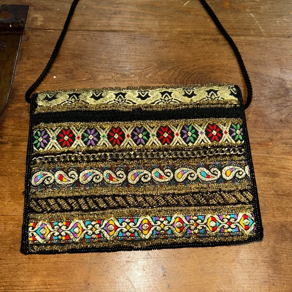 Bohemian Bead Stitched Patterned Crossbody Bag Gold - Image 4