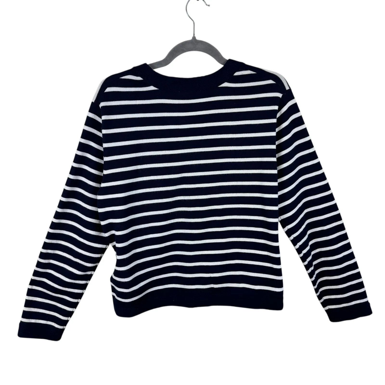 Nanette Lepore Navy White Striped Brass Button Up V-Neck Nautical Cardigan Sz M - Image 3