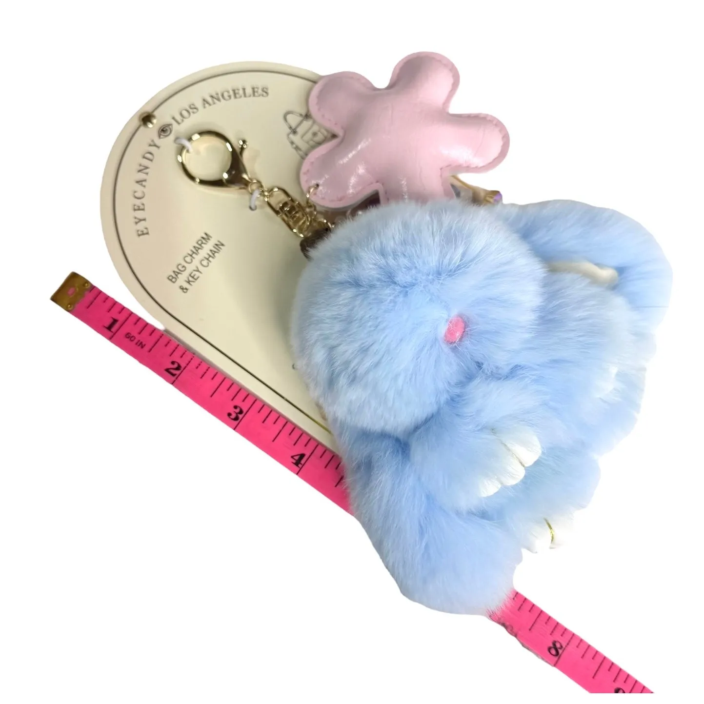 Eyecandy Fluffy Bunny Bag Charm Flower Beaded Bracelet Key Clip Blue Faux Fur - Image 6