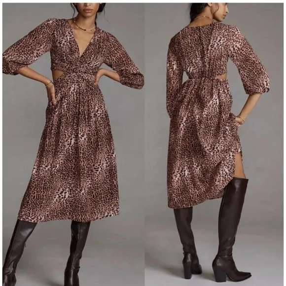 Ranna Gill  Anthropologie Animal Print Leopard Cutout Midi Dress NEW GORGEOUS XS - Image 2