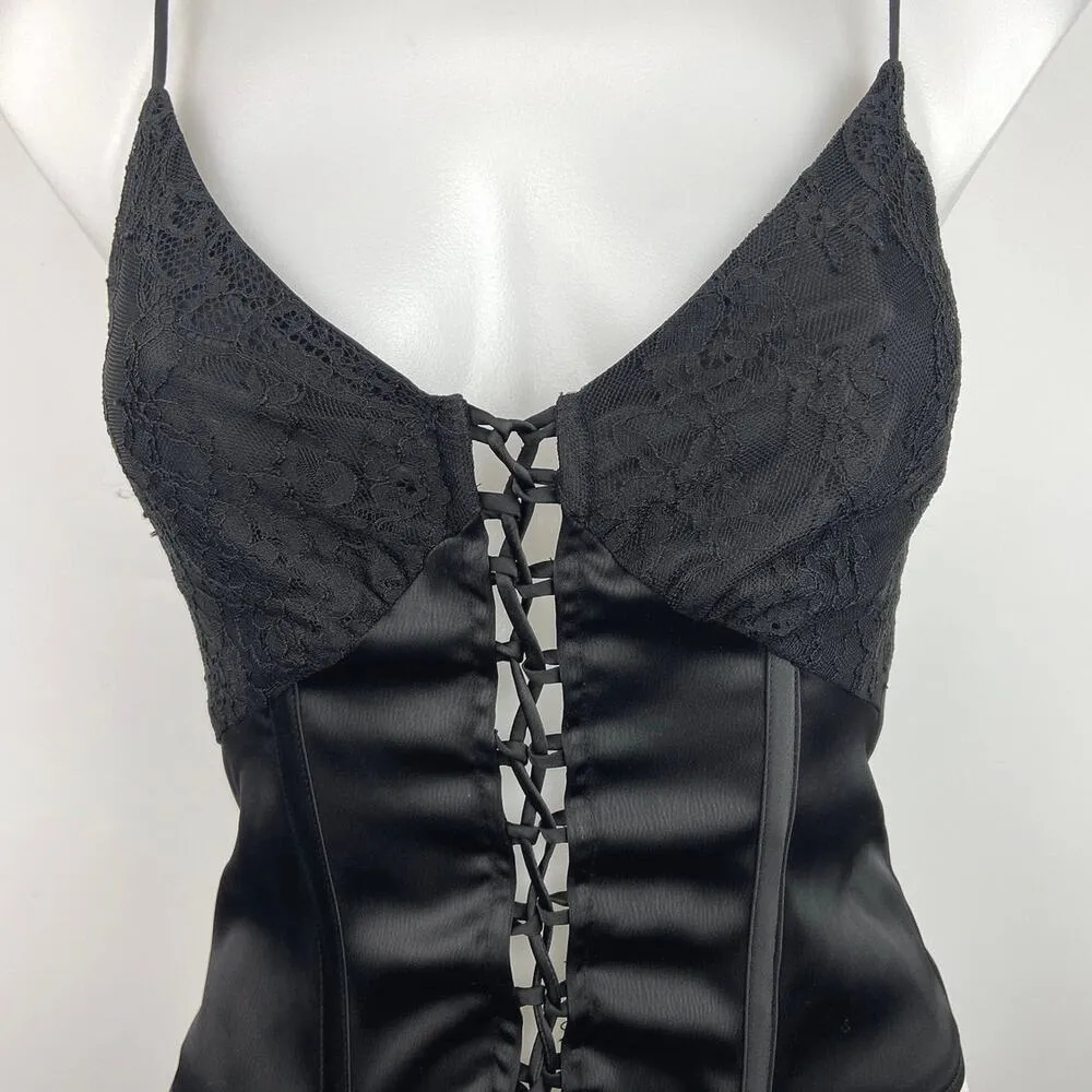 Zara Black Satin Lace-Up Sleeveless V-neck Spaghetti Strap Corset Bustier Top XS - Image 3