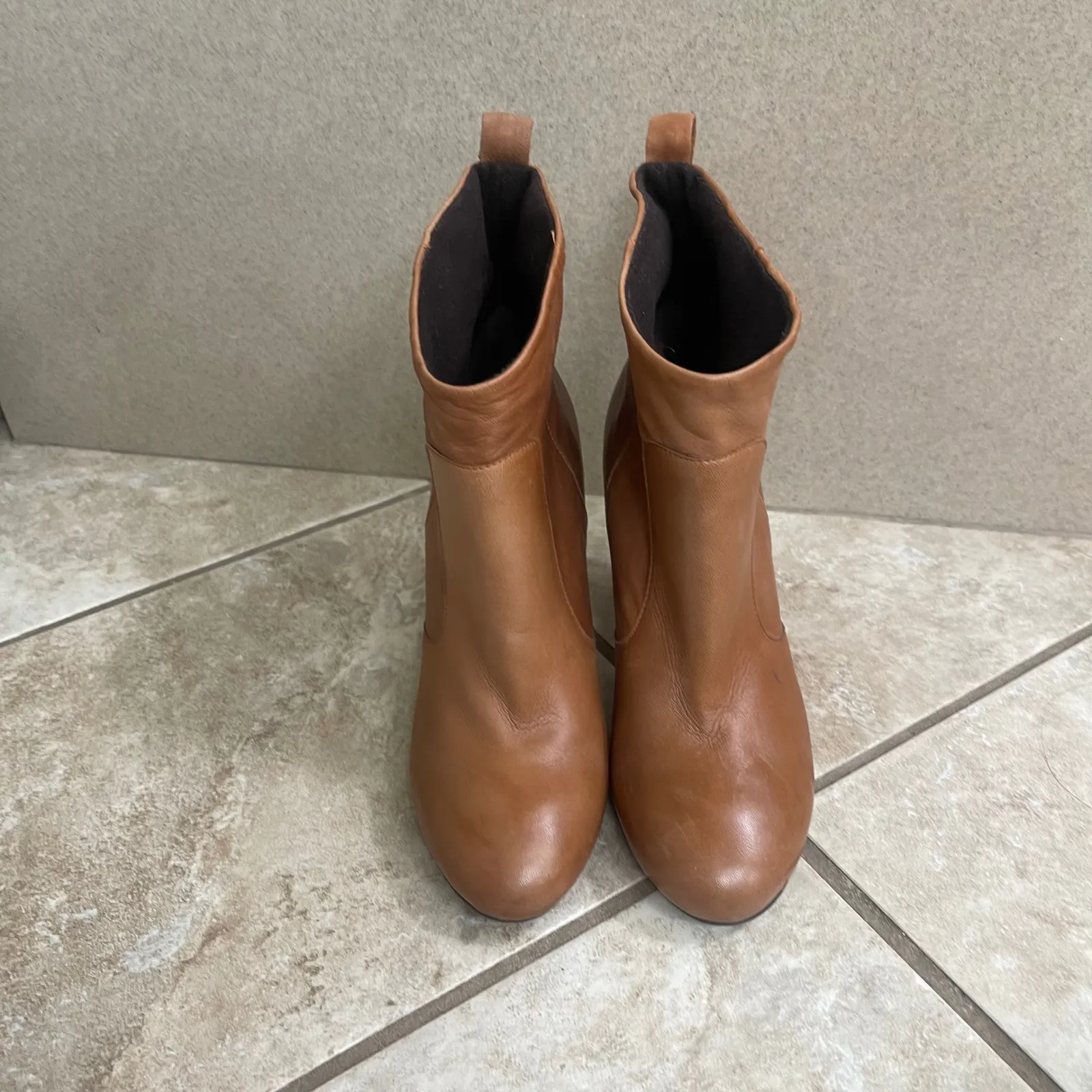 Artigiana Italian Leather Ankle Boots Tan Block Heel Almond Toe Women Size 39 Brown - Image 2