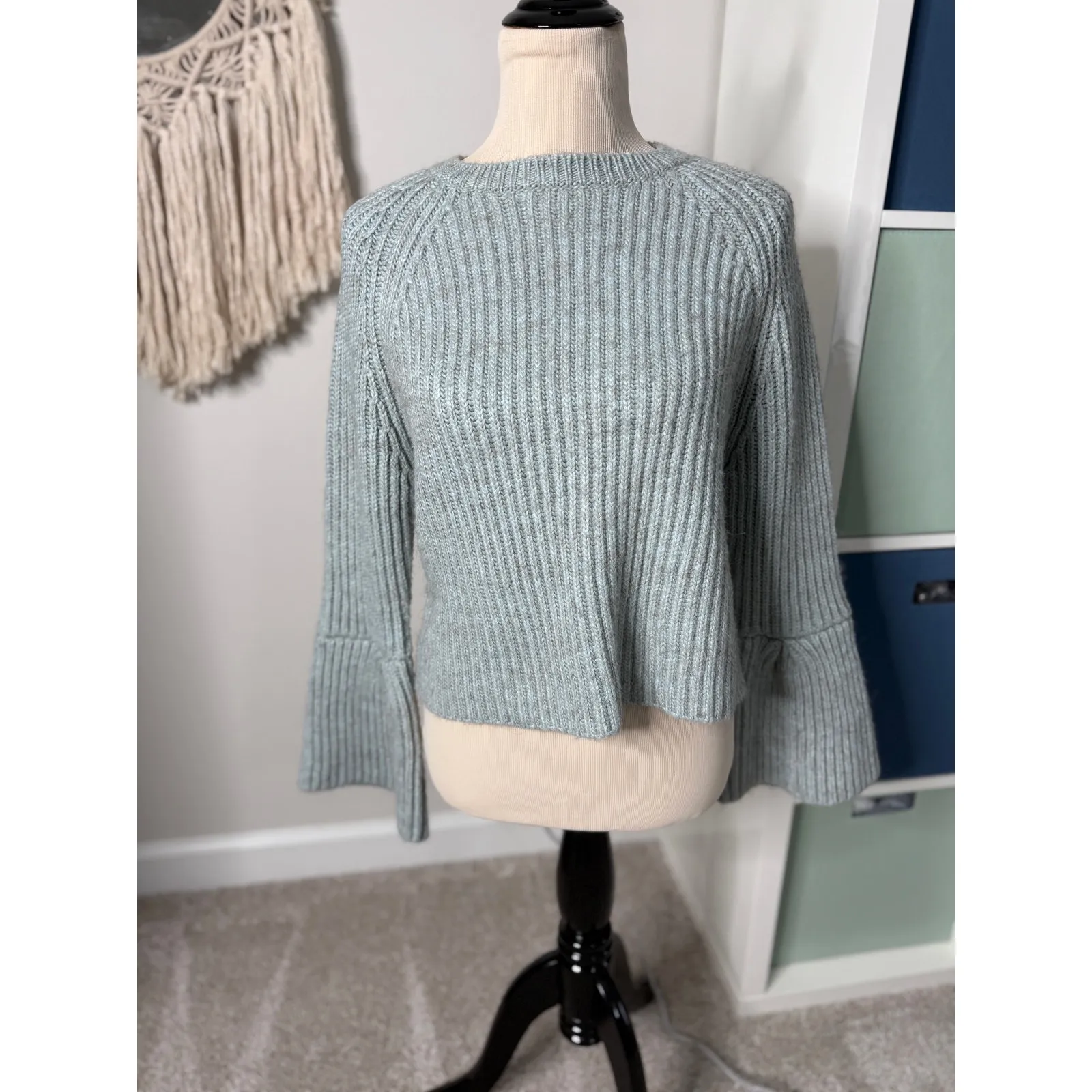 Revolve John + Jenn Dusty Blue Alpaca Blend Knit Bell Sleeve Sweater Top Small - Image 2
